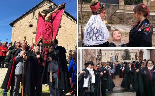 A la izquierda, fiesta de la Cruz de Mayo. Al lado, un niño observa a dos águedas y encuentro de capistas por San Blas.