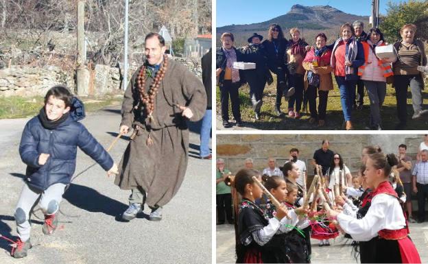 A la izquierda, El Perrero corriendo detrás de un niño con su látigo. Al lado, las mujeres repartiendo dulces en la fiesta de Santa Águeda y danzas al Cristo con palos pintados con la iconografía del bordado popular serrano.