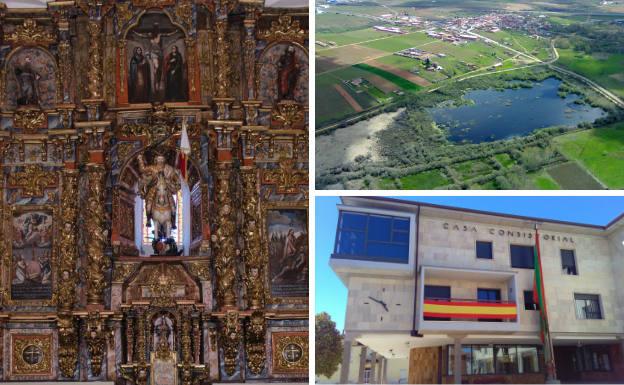 A la izquierda, retablo barroco de la iglesia de Santiago Apóstol de Villadangos del Páramo, presidido por la imagen del patrón de la localidad. Al lado, laguna de Villadangos y fachada del Ayuntamiento.