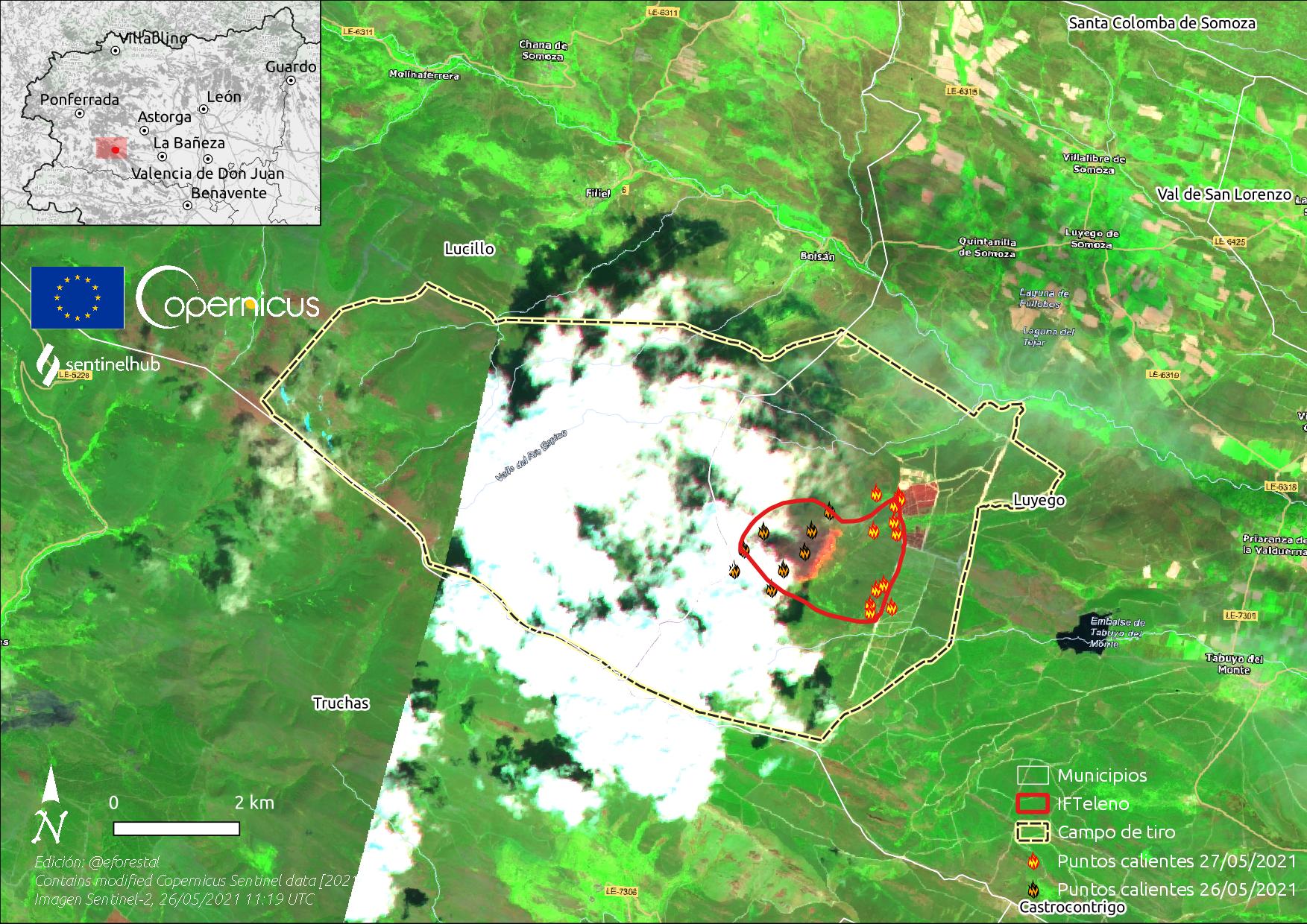 En la zona tan solo pueden intervenir medios aéreos ante la imposibilidad de actuar equipos terrestres por ser zona militar con numerosos explosivos activos | El fuego se ha propagado desde su núcleo entre los ríos Llamas y Espino. 