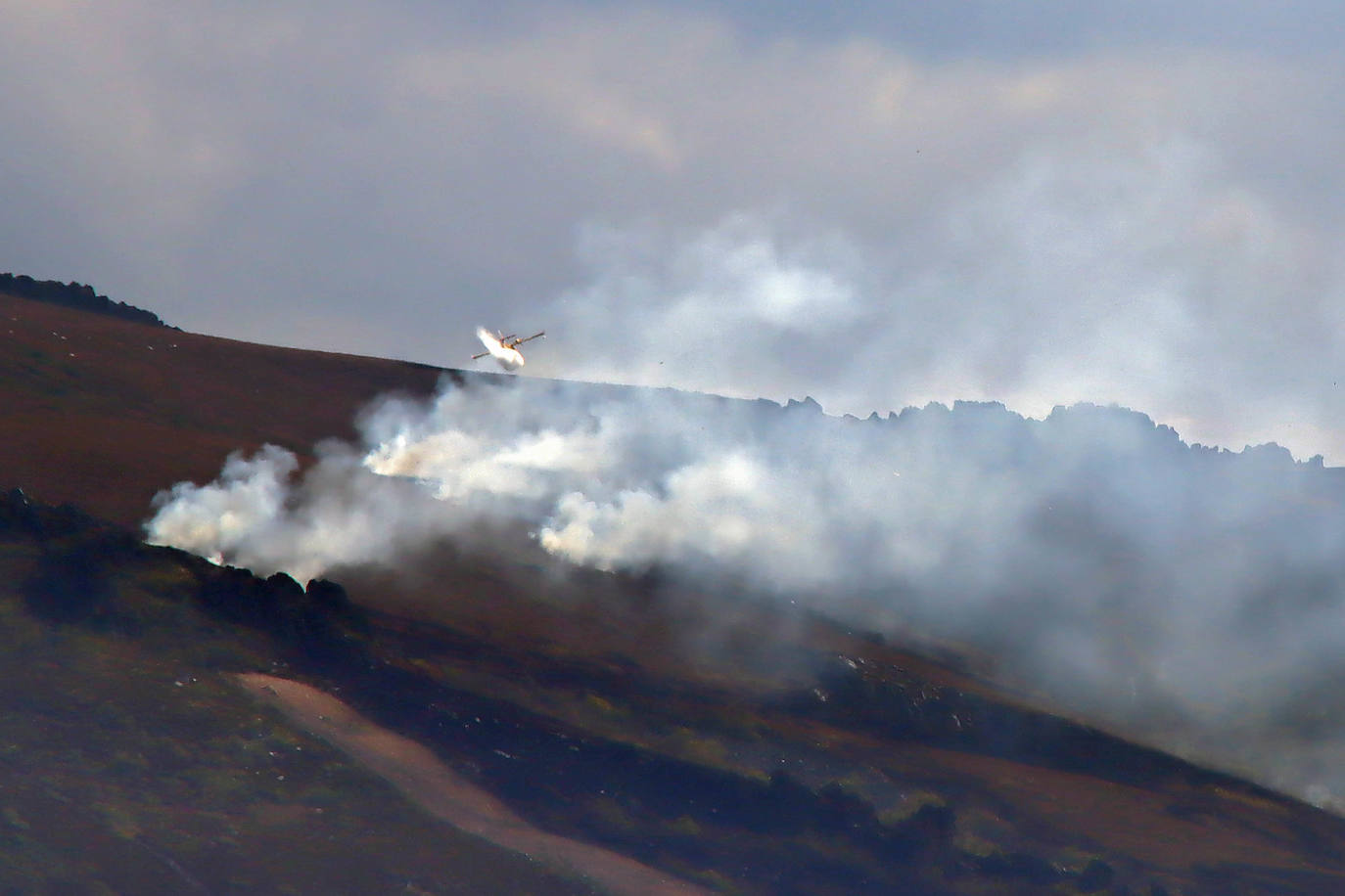 Efectivos y medios de Junta y de la Unidad Militar de Emergencias trabajan en la extinción del incendio.