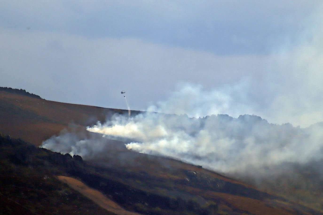 Efectivos y medios de Junta y de la Unidad Militar de Emergencias trabajan en la extinción del incendio.