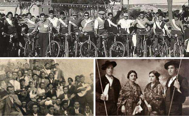 Arriba, quintos de antaño posan antes de tomar la salida en la tradicional carrera de cintas en bici. Debajo, foto de la portada del libro 'La tradición oral en Grijota', de Carlos Porro, y cuatro vecinos posan en 1933 con la indumentaria tradicional.