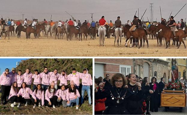 Arriba, los caballistas esperan al ganado en uno de los encierros de Santiago.Debajo, los quintos delante de la hoguera que preparan en fin de año y las águedas con los trajes tradicionales.