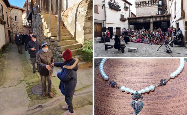 A la izquierda, petitorio celebrado el pasado 26 de diciembre con todas las medidas de seguridad por la pandemia. Al lado actuación de teatro , una de las señas de identidad de Sequeros, y pieza de orfebrería realizada en la localidad.