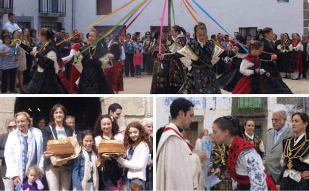 Arriba, baile del ramo ofrecido por el grupo folclórico local La Tarihuela. Debajo, poductos que se ofrecen a San Antonio y después se rifan y beso a la medalla de la Virgen de la Misericordia.