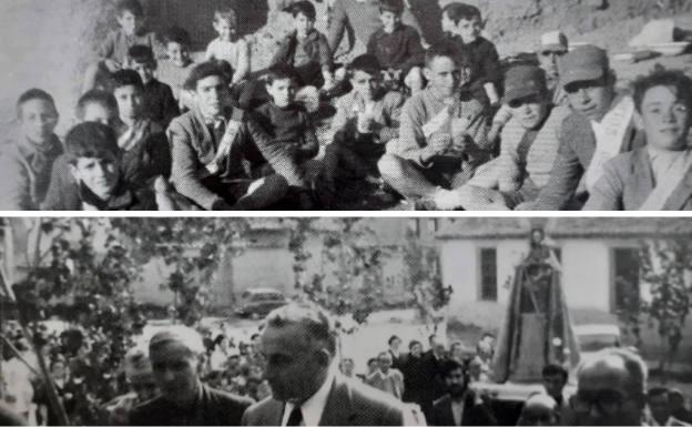 Niños en la fiesta del 3 de mayo o de Las Meriendas en los años cincuenta y, debajo, imagen antigua de la procesión de Las Novenas, tradición que se ha perdido.