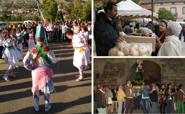 A la izquierda, los vecinos honran a la Virgen bailando las danzas típicas. Al lado, cebolla horcal en uno de los puestos de la feria y los cofrades portando a hombros la imagen de la patrona del pueblo.