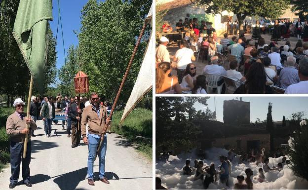 A la izquierda, procesión de San Isidro. Al lado, actividades durante el Encuentro Vecinal.