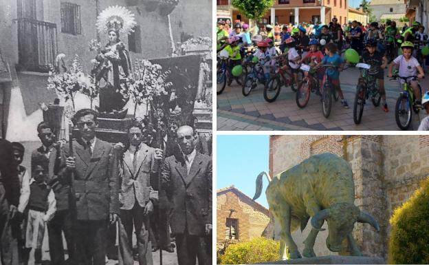 A la izquierda, fotografía antigua de la procesión de la Virgen por las calles de la villa. Al lado, marcha ciclista contra el cáncer y estatua homenaje a las ganaderías más antiguas de España.