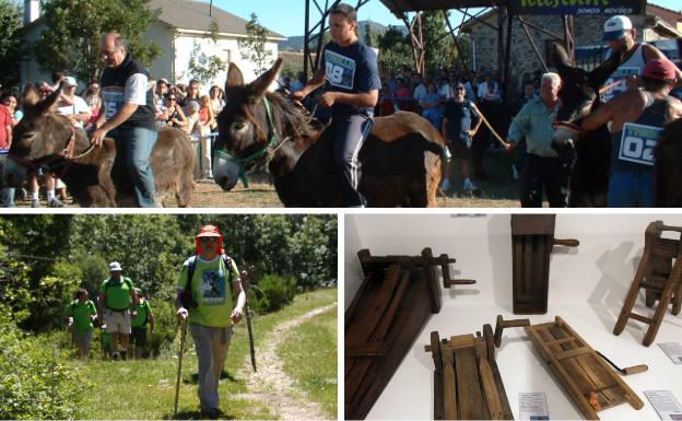 Arriba, una de las carreras de burros que se celebraban antaño. Debajo, excursionistas por la ruta de Cervera de Pisuerga a Triollo y matracas y carracas que anunciaban los servicios religiosos.