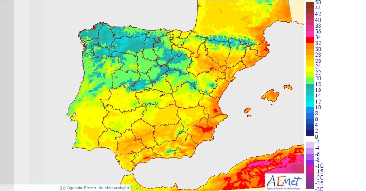 Mapa de máximas y mínimas en España, con León en la zona menos cálida del mismo. 