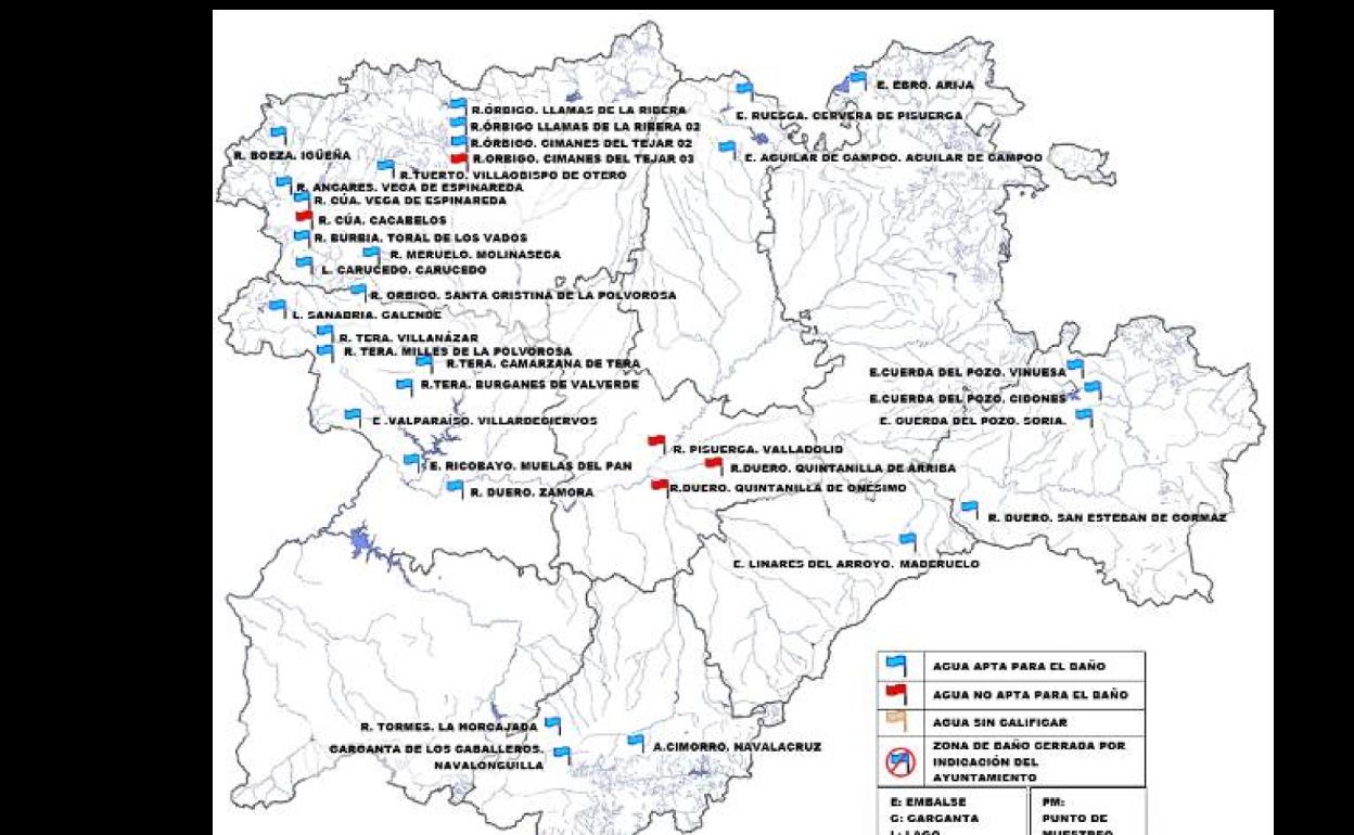 Mapa de las zonas de baño en Castilla y León. 