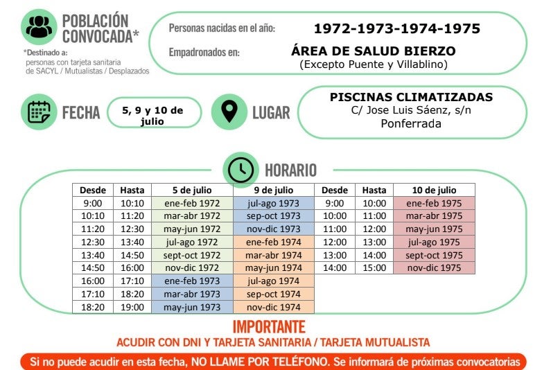 Vacunaciones previstas en El Bierzo los días 5, 9 y 10 de julio.