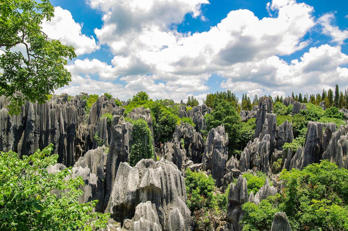 El bosque de piedra de Naigu (China): En China encontrarás este paisaje de rocas similares a verdaderas estalagmitas gigantes que salen del mismo suelo y concretamente en la provincia de Yunnan. Un auténtico bosque de piedra con más de 250 millones de años y que se formaron en el lecho de un antiguo mar. Un paisaje impresionante que ha sido declarado Patrimonio de la Humanidad por la UNESCO.