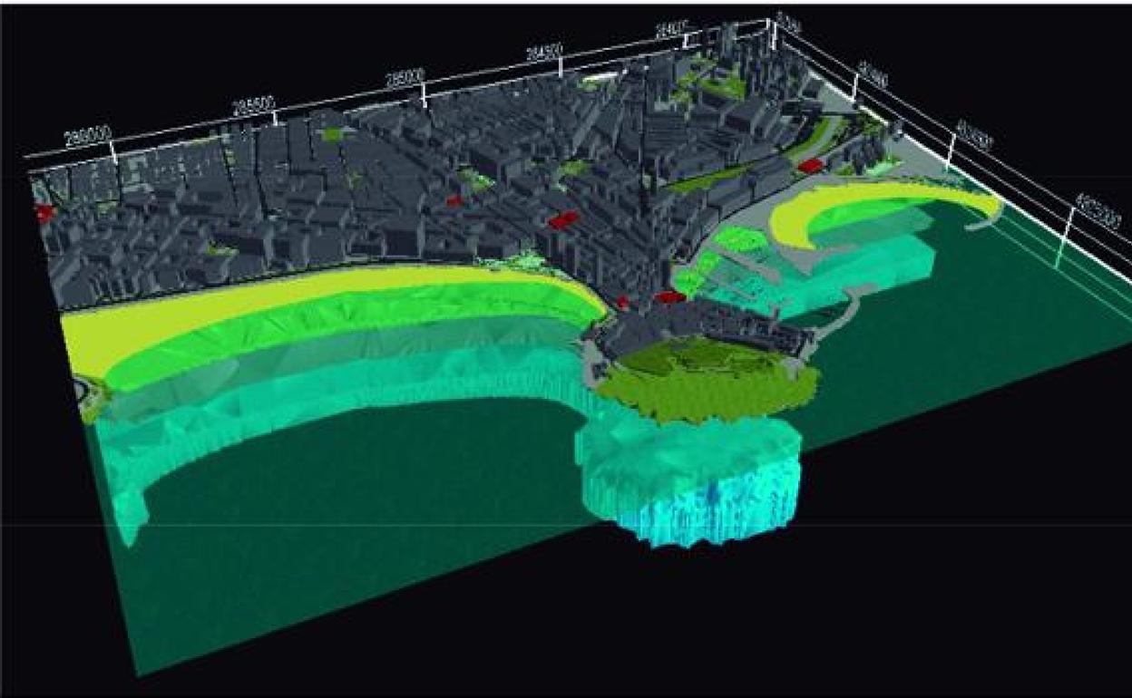 Figura en 3D. De abajo a arriba: nivel freático, caliza y arriba los depósitos litorales.