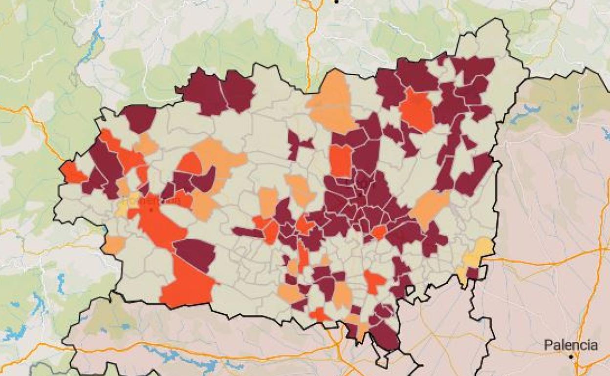 Imagen del mapa de incidencia en León a 14 días. 