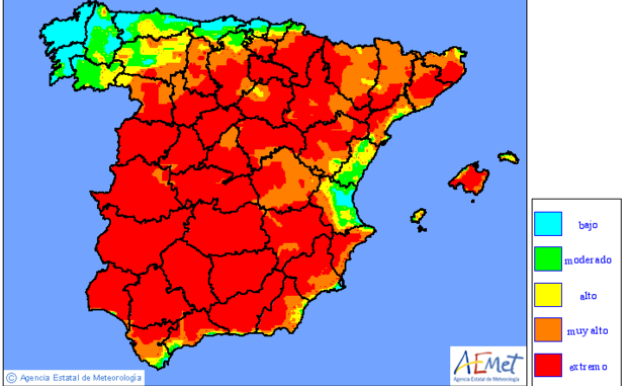 Mapa del riesgo de incendios en España este domingo. 