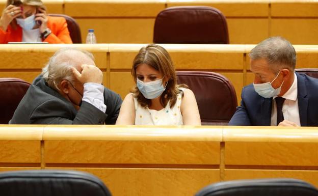 Los senadores socialistas Ander Gil (d) y Tontxu Rodríguez (i), junto a la vicesecretaria general del PSOE y portavoz del grupo socialista en el Congreso Adriana Lastra