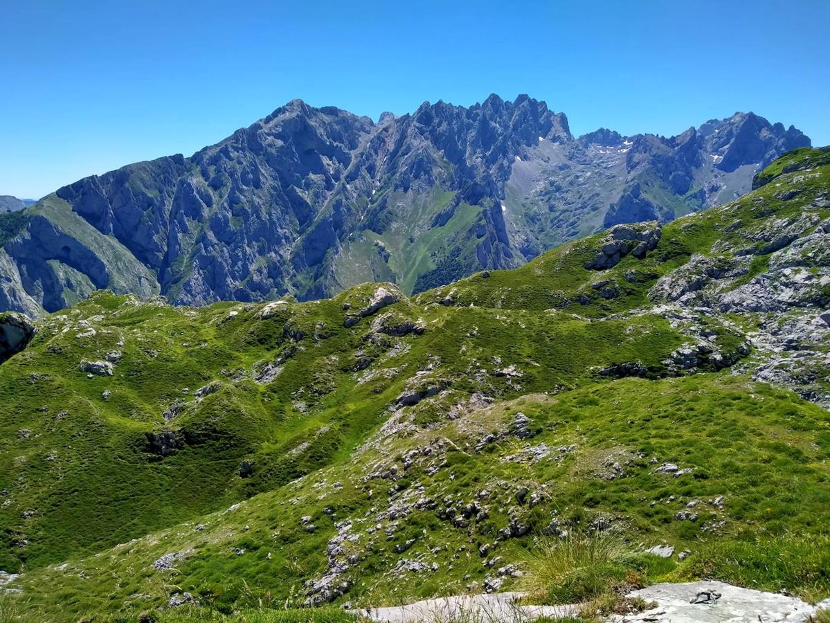 Vista al macizo central desde el final de la Canal de Trea, con Torrecerredo, Cabrones, el Tesorero, la Palanca y el Llambrión de fondo