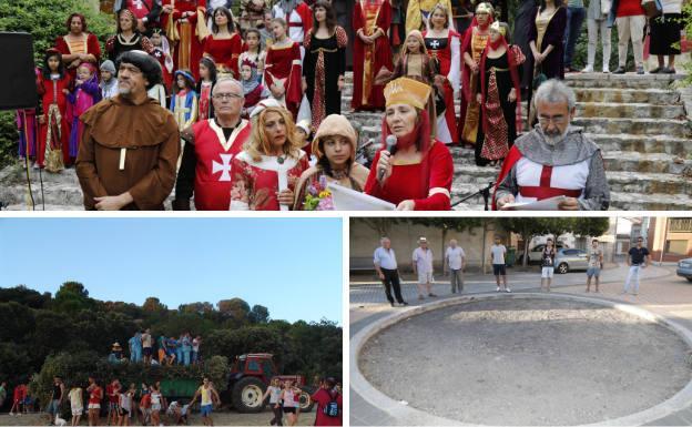 Arriba, recreación de la llegada de la condesa Estefanía de Armengol a la localidad. Debajo, 2. Carro de Leña en la actualidad y lugar de la Plaza Mayor donde arde la hoguera.