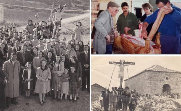 Los vecinos de Villaco junto a San Sebastián en una imagen antigua. Al lado, destace del cerdo duranta la matanza y procesión de la fiesta de la Exaltación de la Cruz.