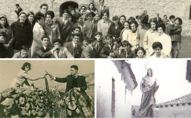 Arriba, comida entre pandas el Domingo de Resurrección tras la misa en la ermita de la Encina. Debajo, un quinto de antaño entregando la cinta que acaba de lograr y fotografía antigua de la Virgen procesionando. 