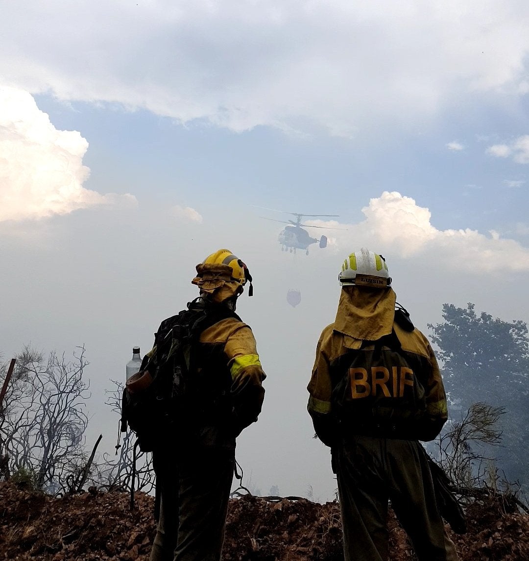 Medios aéreos y terrestres trabajan en las labores de extinción del incendio, cuyo origen se investiga, declarado en la madrugada de este lunes en el denominado Valle Estremero, e ntre los municipios leoneses de Riaño y Boca de Huérgano.