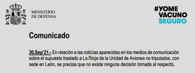 Comunicado del Ministerio de Defensa emitido ocho horas después de la publicación en leonoticias del documento interno del Estado Mayor del Ejército de Tierra. 