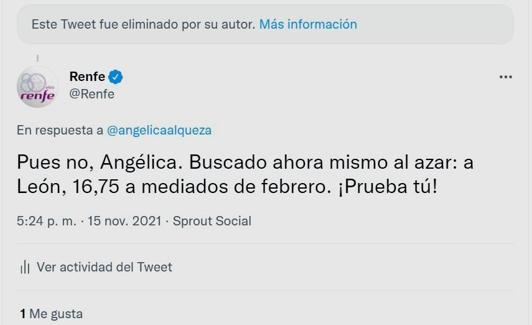 Imagen del tuit hecho público por Renfe para demostrar el error del PP. 