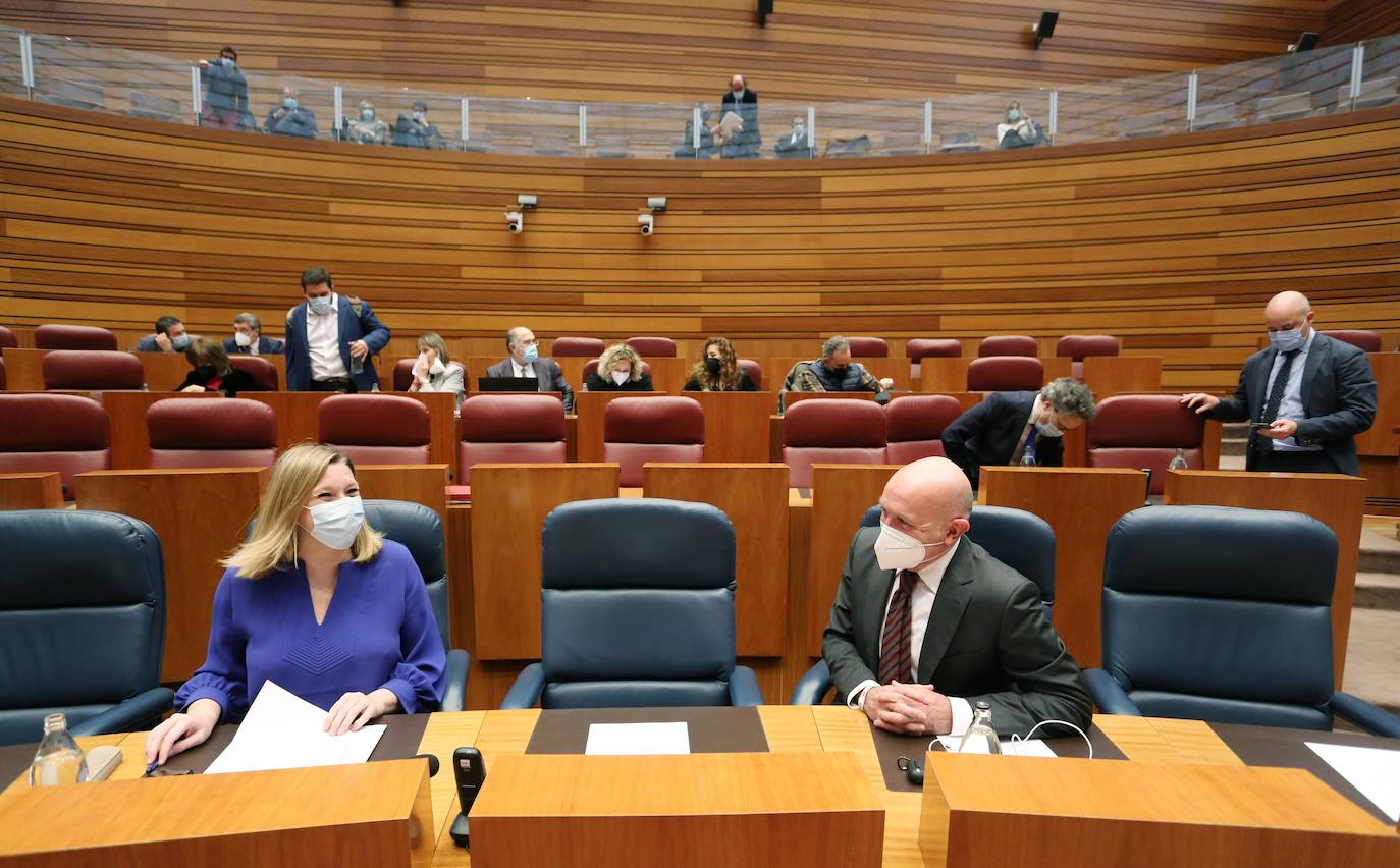 El presidente de ja Junta, Alfonso Fernández Mañueco, y el vicepresidente, Francisco Igea, durante el Pleno de las Cortes junto a otros procuradores.