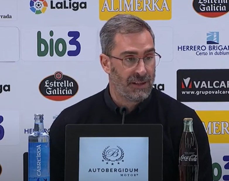 Jon Pérez Bolo, en la sala de prensa del Toralín tras el duelo ante el Mirandés