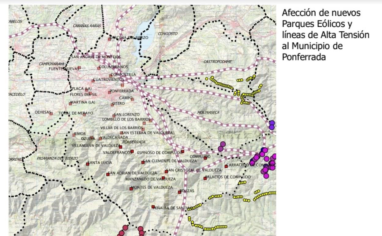 Mapa elaborado por el colectivo sobre la afección de los parque eólicos en el municipio.