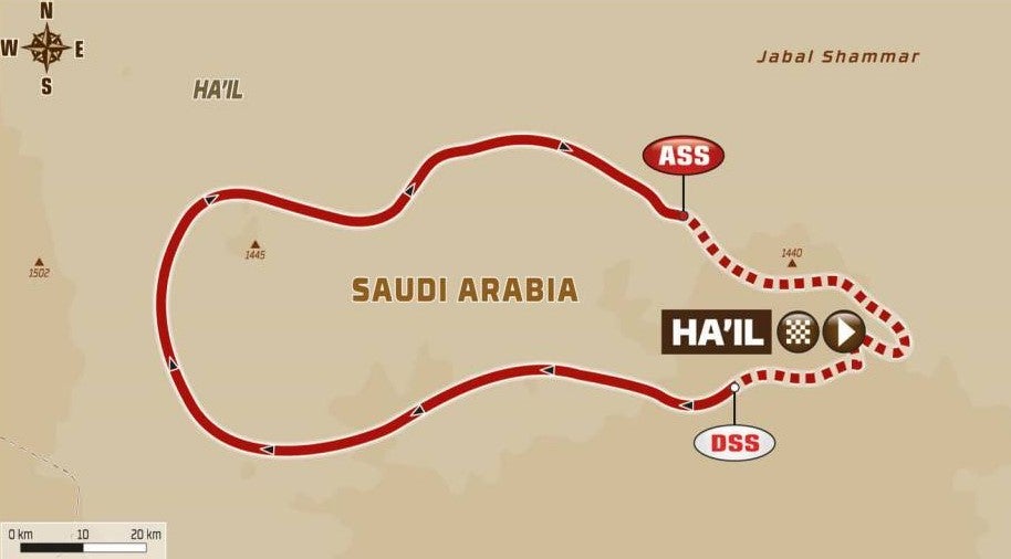 Trazado de la primera etapa prevista para el 2 de enero con 344 kilómetros por Ha´il, al norte de Arabia Saudí.