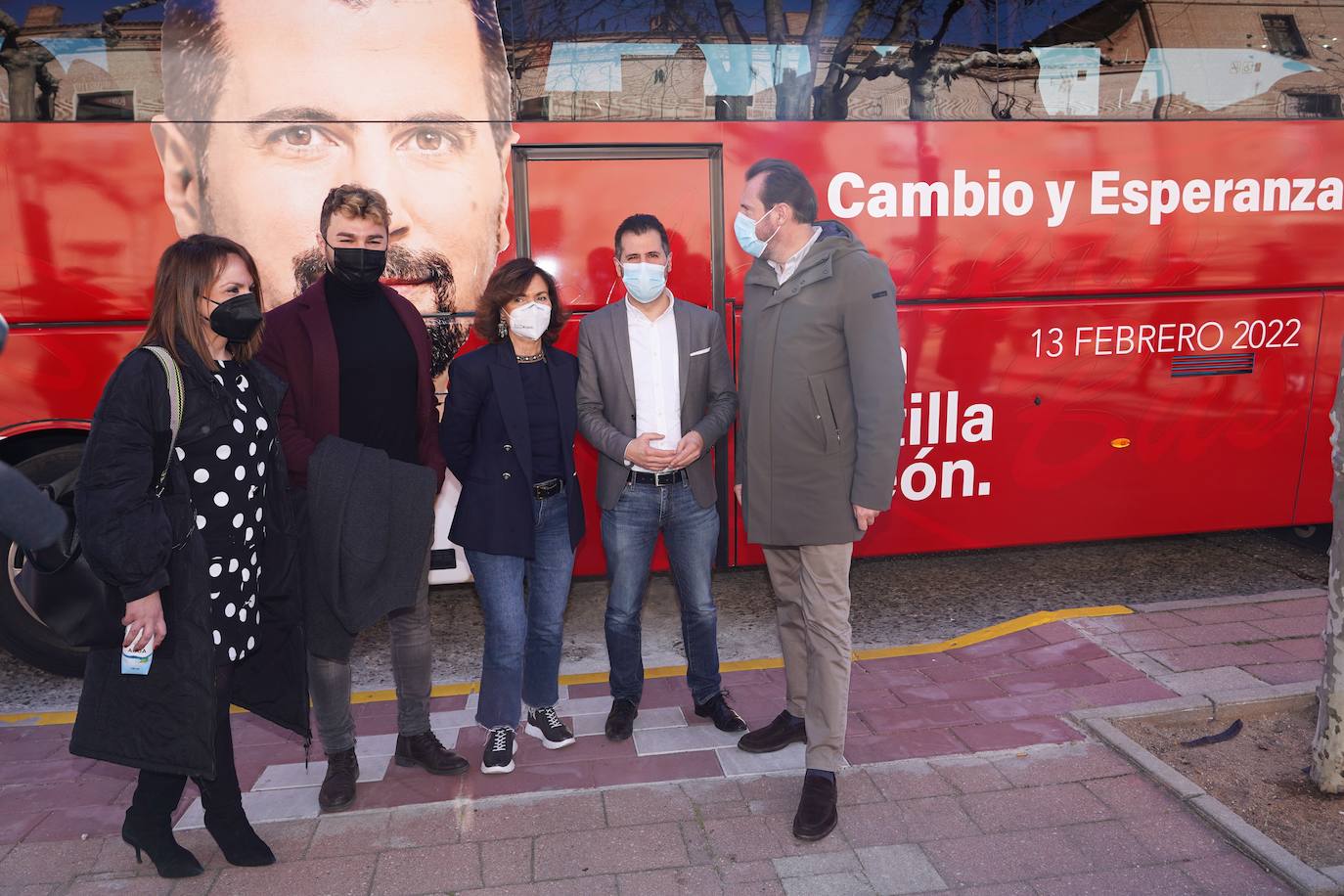 Acto político del PSOE en Medina del Campo (Valladolid) con el secretario del partido en la localidad, Luis Manuel Pascual; la cabeza de lista por la provincia, Patricia Gómez; el secretario provincial Óscar Puente; la exvicepresidenta Carmen Calvo y el candidato a la Presidencia de la Junta, Luis Tudanca..