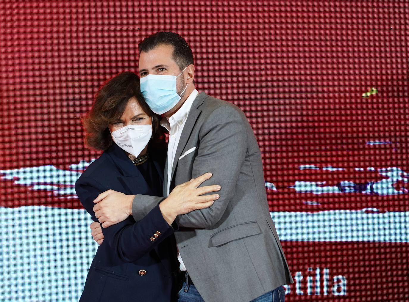 Acto político del PSOE en Medina del Campo (Valladolid) con el secretario del partido en la localidad, Luis Manuel Pascual; la cabeza de lista por la provincia, Patricia Gómez; el secretario provincial Óscar Puente; la exvicepresidenta Carmen Calvo y el candidato a la Presidencia de la Junta, Luis Tudanca. 