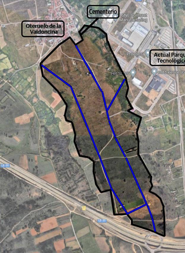 Recreación de la zona que ocupará el parque tecnológico de León en su ampliación. En tono negro superficie que ocupará el parque y en azul los principales viales interiores que enlazan desde el sur con la ronda.