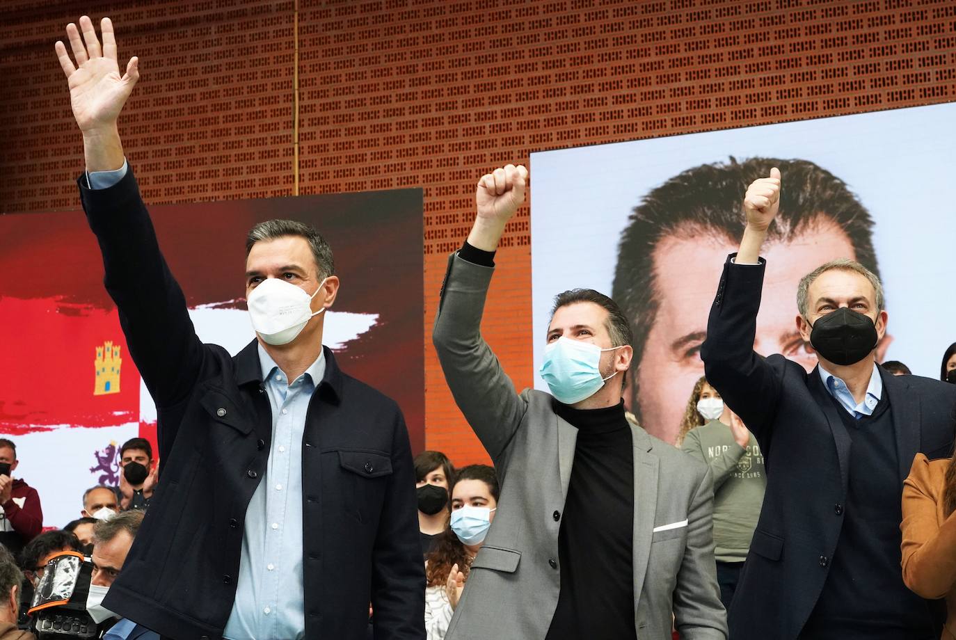 Acto electoral en León del candidato del PSOE a la Presidencia de la Junta, Luis Tudanca; el expresidente José Luis Rodríguez Zapatero y del presidente y secretario general del PSOE, Pedro Sánchez.