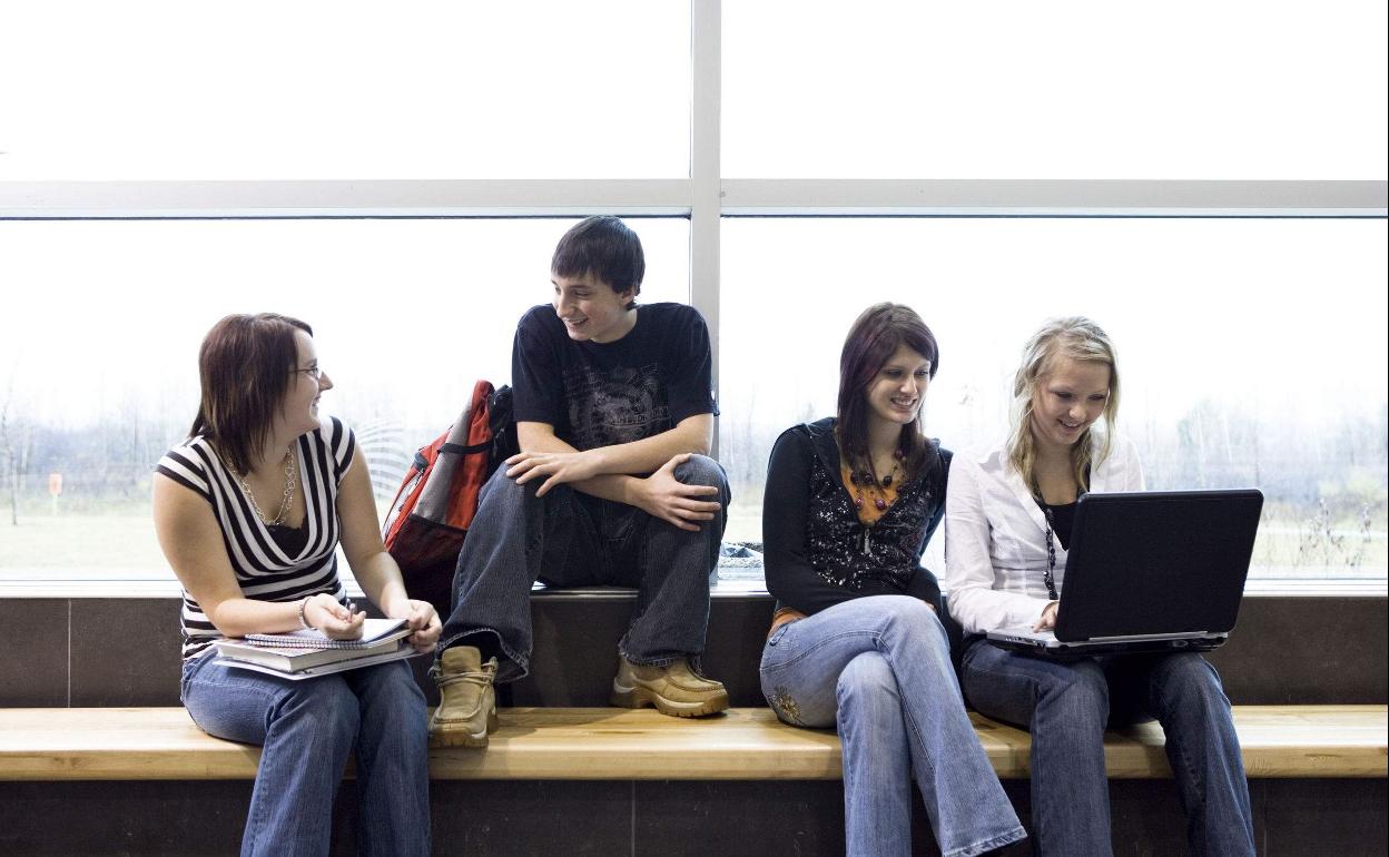 Un grupo de universitarios charla en una facultad. 