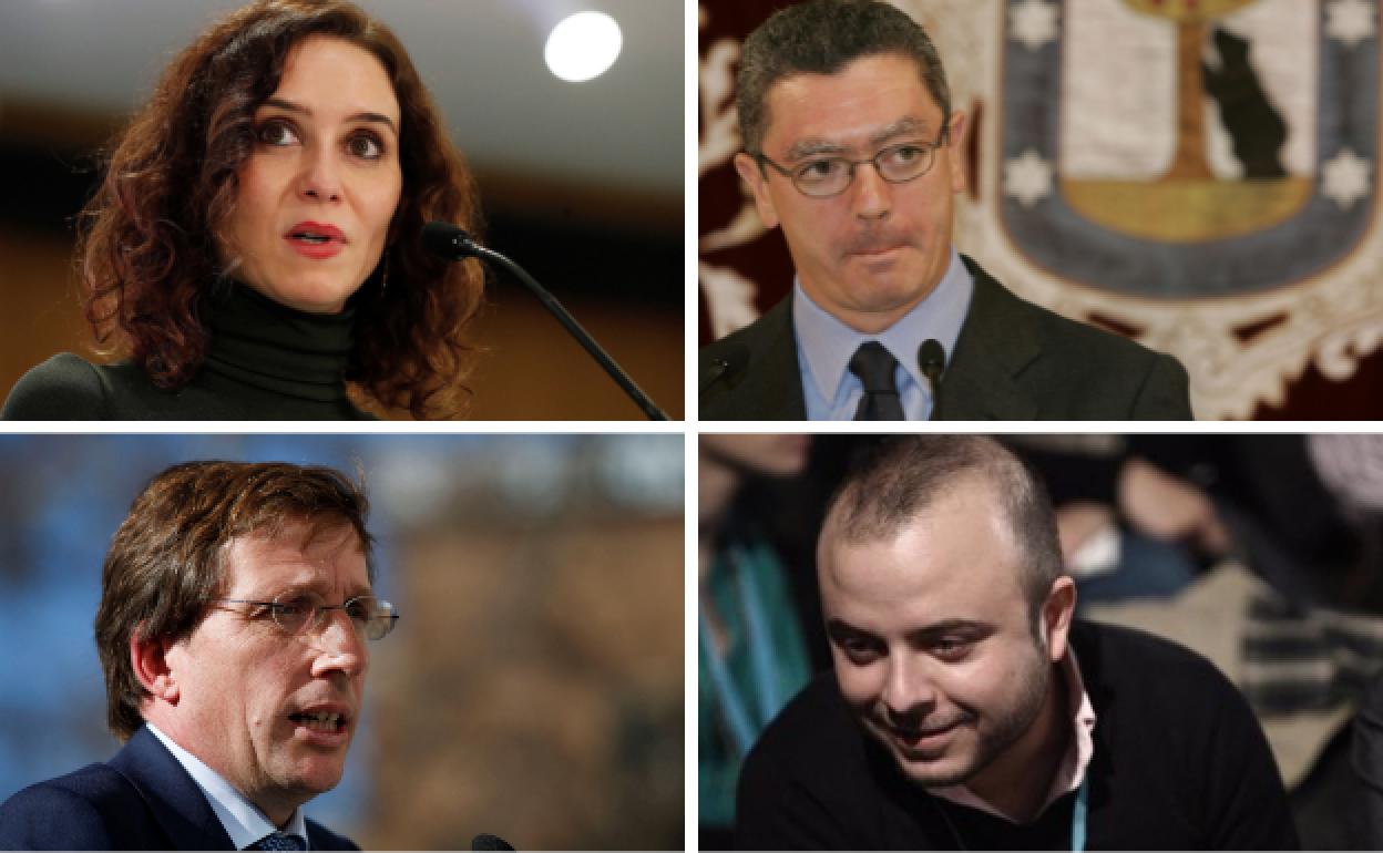 De izquierda a derecha, arriba Isabel Díaz Ayuso y Alberto Ruiz-Gallardón y abajo Jose Luis Martínez Almeida y Ángel Carromero.