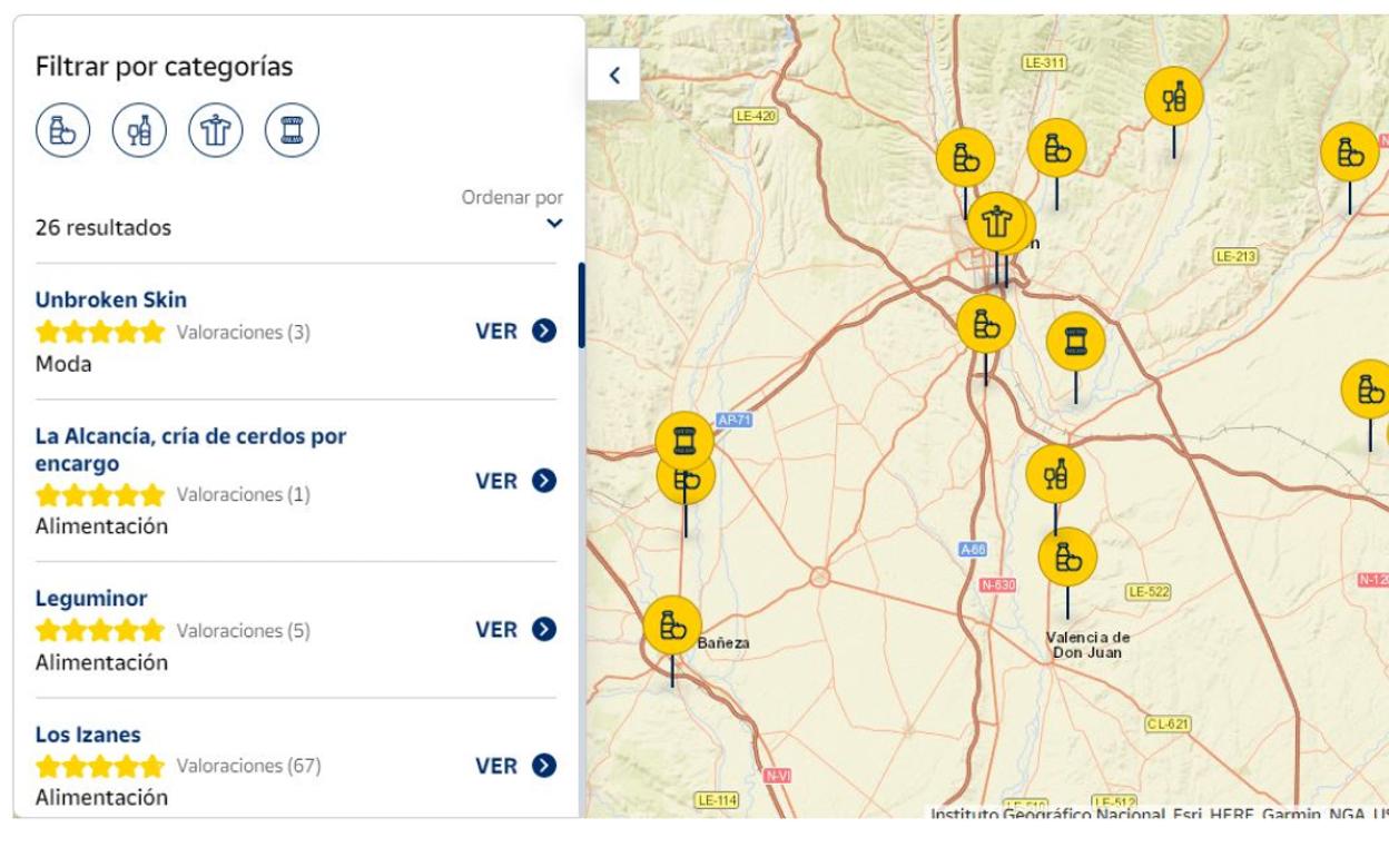Captura de pantalla de la web de Correos Market con el mapa de ventas en la provincia de León. 