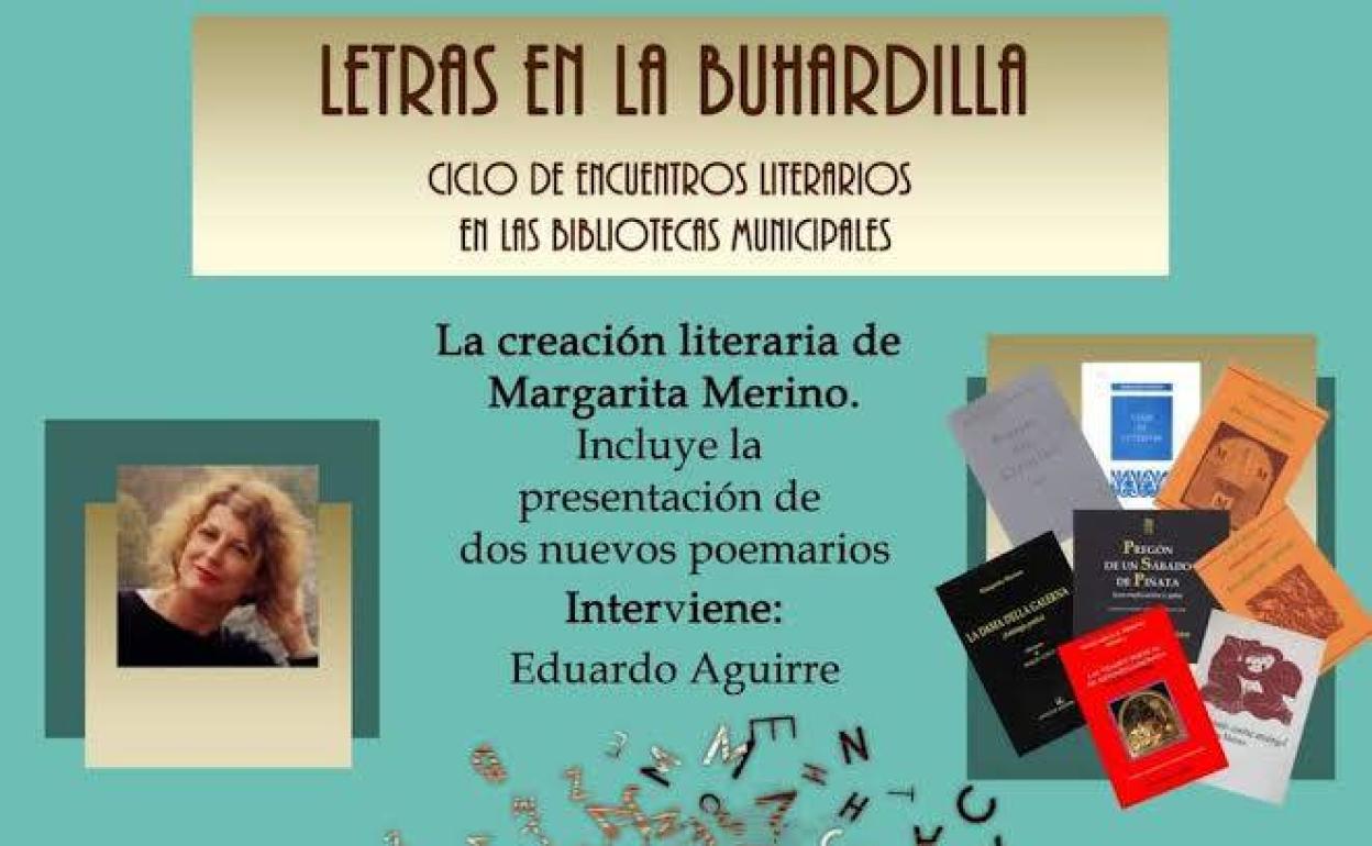 Cartel de presentación del Ciclo Letras en la Buhardilla, a cargo de Margarita Merino.