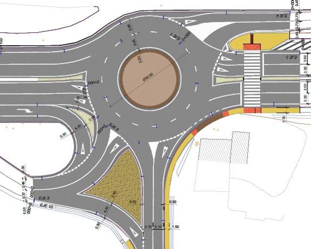 Imagen del plano de la nueva rotonda. El acceso a la pedanía se realiza por el vial inferior de la imagen. 