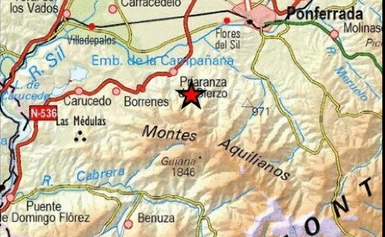 Mapa del terremoto registrado en Priaranza del Bierzo esta madrugada.