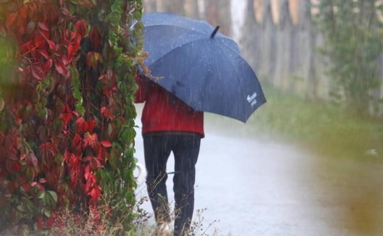 Un hombre con un paraguas bajo la lluvia. 