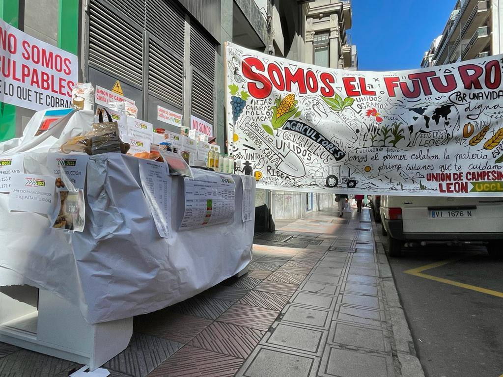 Lote de productos expuestos por UCCL a las puertas de un supermercado en León capital.