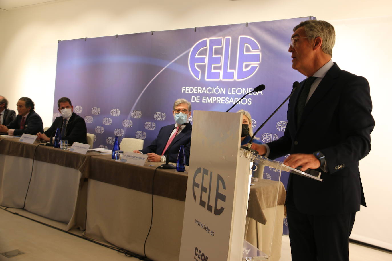 El presidente de la Confederación Española de la Pequeña y Mediana Empresa, Cepyme, Gerardo Cuerva, clausura la Asamblea General de la Federación Leonesa de Empresarios, Fele.