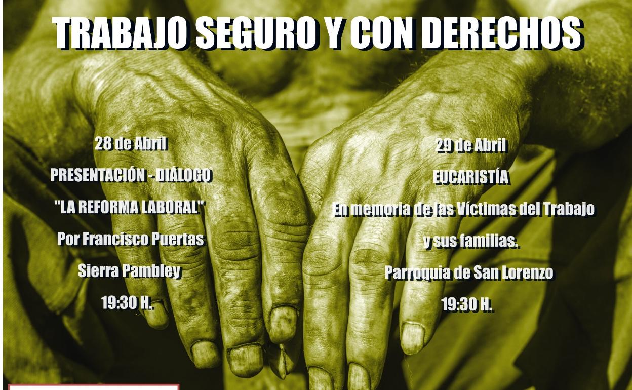 Cartel anunciador del «Trabajo Seguro y con Derechos», actividades realizadas por el obispado de León.