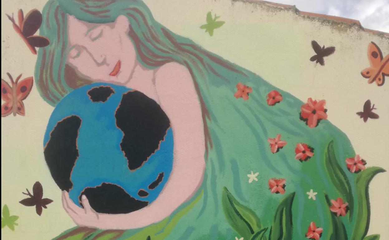 Mural que representa a las mujeres rurales en Valderrey.