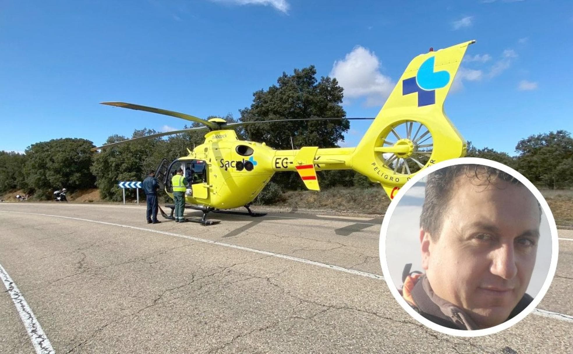 Imagen del lugar del accidente, con el helicóptero de Emergencias Sacyl desplazado tras el accidente; al fonso, la imagen de la moto del empresario y a la derecha, imagen de Manuel Ferreras. 